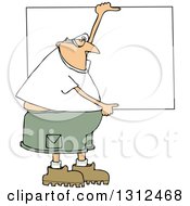 Poster, Art Print Of Cartoon Chubby White Man Wearing Safety Goggles And Holding Up A Blank Sign