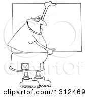 Lineart Clipart Of A Cartoon Black And White Chubby Man Wearing Safety Goggles And Holding Up A Blank Sign Royalty Free Outline Vector Illustration