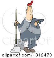 Cartoon White Male Custodian Janitor Checking His Watch And Standing With A Mop And Bucket