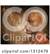 Clipart Of A 3d Medical Anatomical Male With Visible Muscles Over A Vintage DNA Background Royalty Free Illustration