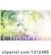 Clipart Of A 3d Green Leafy Vine Over Grass And A Vintage Effect Sunset With Flares Royalty Free Illustration