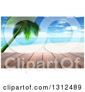 3d Wood Table Top Or Deck With A View Of A Tropical Beach And Palm Tree On A Beautiful Day