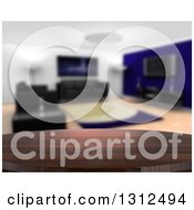 Poster, Art Print Of 3d Close Up Of A Wooden Table And A Blurred Modern Living Room With Black Furniture