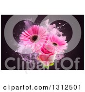Poster, Art Print Of Pink Rose And Gerbera Daisies With Grunge On Dark