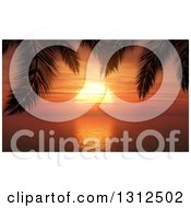 3d Orange Tropical Ocean Sunset Framed By Silhouetted Palm Tree Branches
