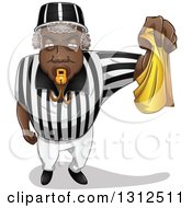 Clipart Of A Black Male Referee Blowing A Whistle And Holding A Yellow Flag Royalty Free Vector Illustration