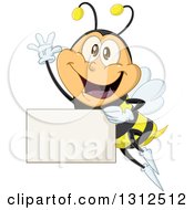 Poster, Art Print Of Cartoon Happy Bee Waving And Flying With A Blank Sign