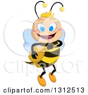 Cartoon Happy Blue Eyed Bee Flying With A Honey Jar