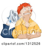 Poster, Art Print Of Cartoon Casual Red Haired White Boy Resting On Floor And Grinning