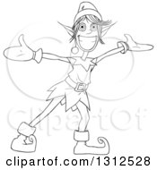 Lineart Clipart Of A Cartoon Black And White Welcoming Christmas Elf With Open Arms Royalty Free Outline Vector Illustration by Liron Peer