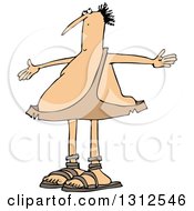 Clipart Of A Cartoon Chubby Caveman Looking Up And Gesturing Why Me Royalty Free Vector Illustration