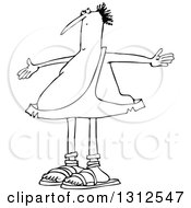 Lineart Clipart Of A Cartoon Black And White Chubby Caveman Looking Up And Gesturing Why Me Royalty Free Outline Vector Illustration
