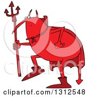 Cartoon Fat Red Devil Creeping Around And Holding A Pitchfork