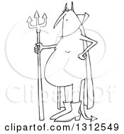 Lineart Clipart Of A Cartoon Black And White Fat Devil Standing With A Pitchfork Royalty Free Outline Vector Illustration