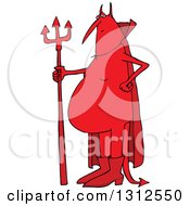 Clipart Of A Cartoon Fat Red Devil Standing With A Pitchfork Royalty Free Vector Illustration