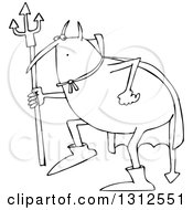 Lineart Clipart Of A Cartoon Black And White Fat Devil Creeping Around And Holding A Pitchfork Royalty Free Outline Vector Illustration