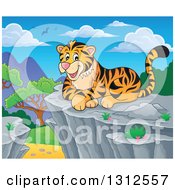 Poster, Art Print Of Cartoon Happy Tiger Resting On A Bluff Against A Day Landscape