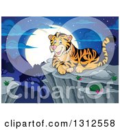 Poster, Art Print Of Cartoon Happy Tiger Resting On A Bluff Against A Night Landscape