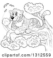 Poster, Art Print Of Cartoon Black And White Happy Resting Tiger In A Tree