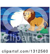 Poster, Art Print Of Cartoon Happy Male Lion On A Bluff Over A Night Andscape