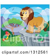 Poster, Art Print Of Cartoon Happy Male Lion On A Bluff Over A Day Time Landscape