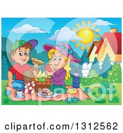 Poster, Art Print Of Cartoon White Boy And Girl Eating At A Picnic In A Park On A Sunny Day