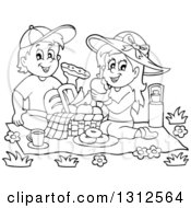 Poster, Art Print Of Cartoon Black And White Boy And Girl Eating At A Picnic