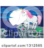 Poster, Art Print Of Cartoon White Unicorn With Pink Hair Standing On A Cliff Over Mountains A Forest And Full Moon At Night