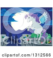 Poster, Art Print Of Cartoon White Pegasus With Purple Hair Rearing On A Cliff Over Mountains A Forest And Full Moon At Night