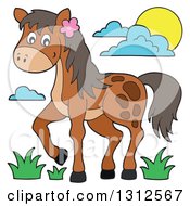 Poster, Art Print Of Cartoon Brown Horse Grass Sun And Clouds