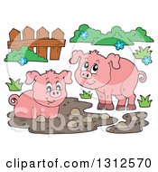 Poster, Art Print Of Cartoon Pigs Fence Mud And Grass