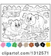 Clipart Of Color By Number Pigs Mud Fence And Shrubs Royalty Free Vector Illustration