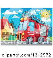 Poster, Art Print Of Cartoon Red Fire Truck Driving By Homes