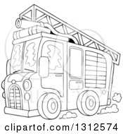 Cartoon Black And White Fire Truck With A Ladder And Hose On The Top