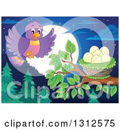 Cartoon Blue Bird Landing On A Branch With A Nest And Eggs Over An Evergreen Forest With A Full Moon At Night