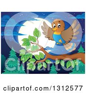 Poster, Art Print Of Cartoon Bird Landing On A Branch Over An Evergreen Forest With A Full Moon At Night