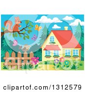 Poster, Art Print Of Squirrel On A Tree Branch Over A Bird On A Fence Garden Butterflies And House