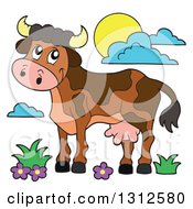 Poster, Art Print Of Cartoon Brown Cow Flowers Grass Sun And Clouds