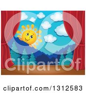 Poster, Art Print Of Happy Sun Looking Over Mountains And A Forest Stage Set With Red Curtains