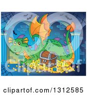 Clipart Of A Cartoon Green Dragon Resting By Treasure In A Hallway Royalty Free Vector Illustration