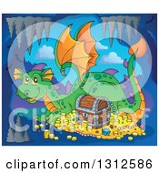 Poster, Art Print Of Cartoon Green Dragon Resting By Treasure In A Cave