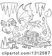 Clipart Of A Cartoon Black And White Dragon Resting By Treasure With Formations Royalty Free Vector Illustration
