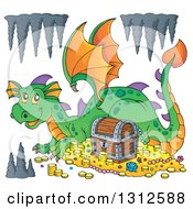 Cartoon Green Dragon Resting By Treasure With Formations