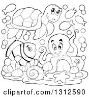 Poster, Art Print Of Cartoon Black And White Sea Turtle Anenome Fish And Octopus