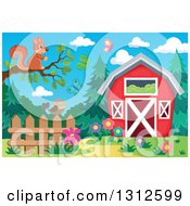 Poster, Art Print Of Squirrel On A Tree Branch Over A Bird On A Fence Garden Butterflies And Barn