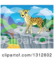 Poster, Art Print Of Cartoon Cheetah On A Bluff Over A Day Landscape