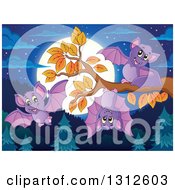 Poster, Art Print Of Cartoon Purple Bats At A Branch Over An Evergreen Forest With A Full Moon At Night