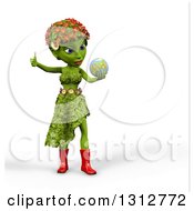 3d Green Nature Woman Wearing Leaves And Flowers Giving A Thumb Up Holding And Looking At Earth Over White With Shading