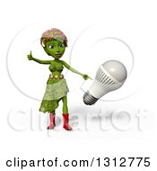 3d Green Nature Woman Wearing Leaves And Flowers Giving A Thumb Up And Pointing To An Led Light Bulb Over White With Shading