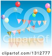 Poster, Art Print Of Patterned Bunting Banners Floating With Colorful Party Balloons Over A Frame And Blue Sky